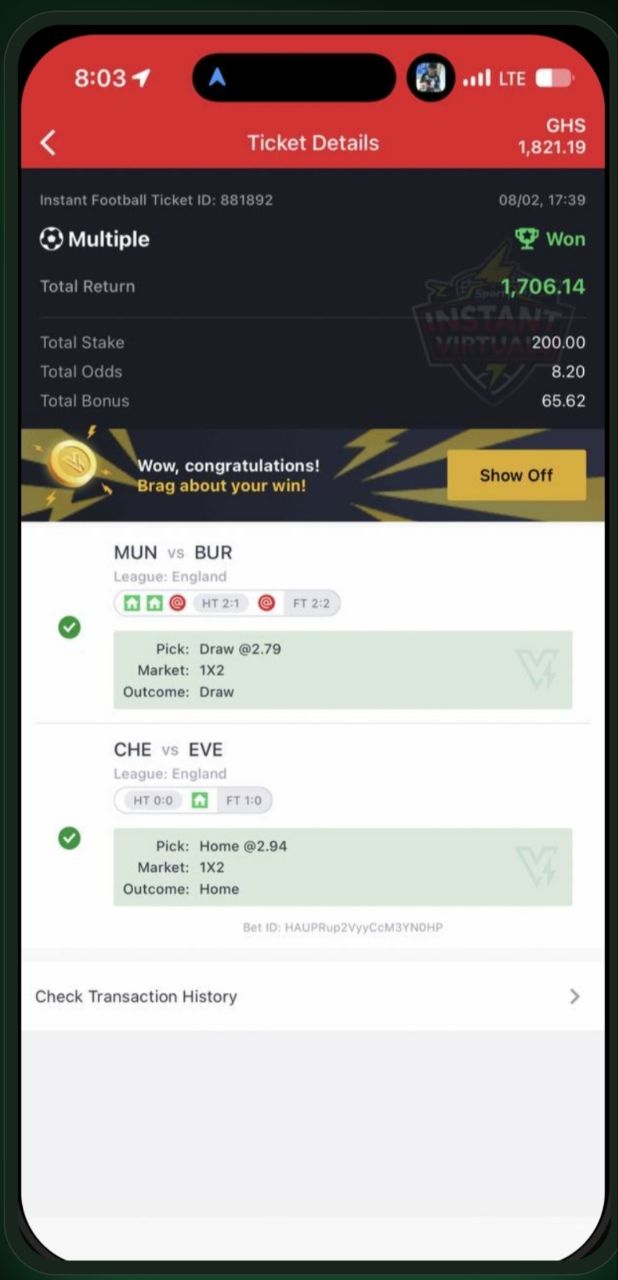 Winning instant football ticket showing a GHS 1,706.14 return
